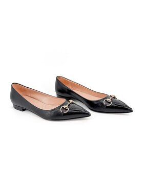 Gucci Erin Black Leather Pointed Horsebit Ballet Flats Size 37 US 7 Women's